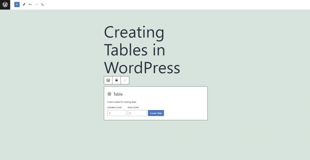 Setting the number of table rows and columns in WordPress.