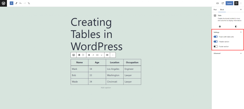 The settings of the WordPress table element highlighted.