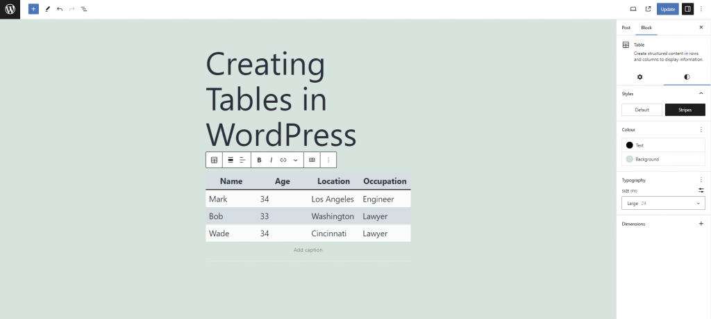 Modifying the table's styles in WordPress.