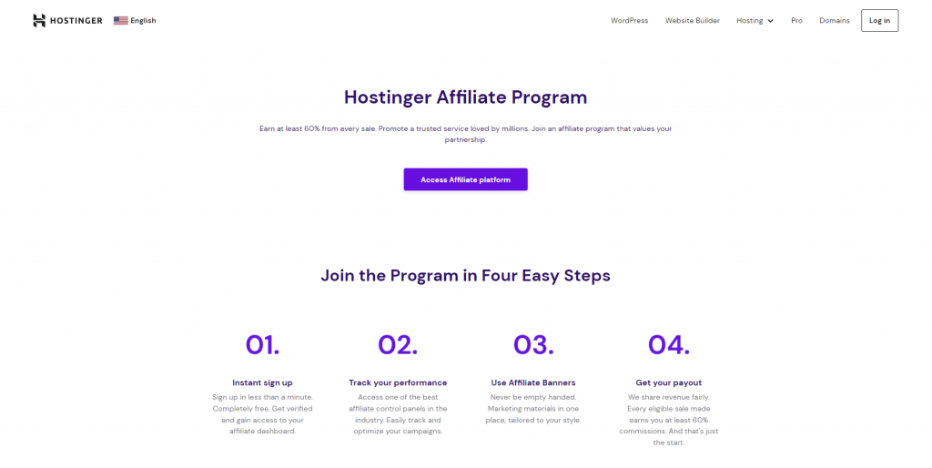 The landing page of the Hostinger Affiliate Program.