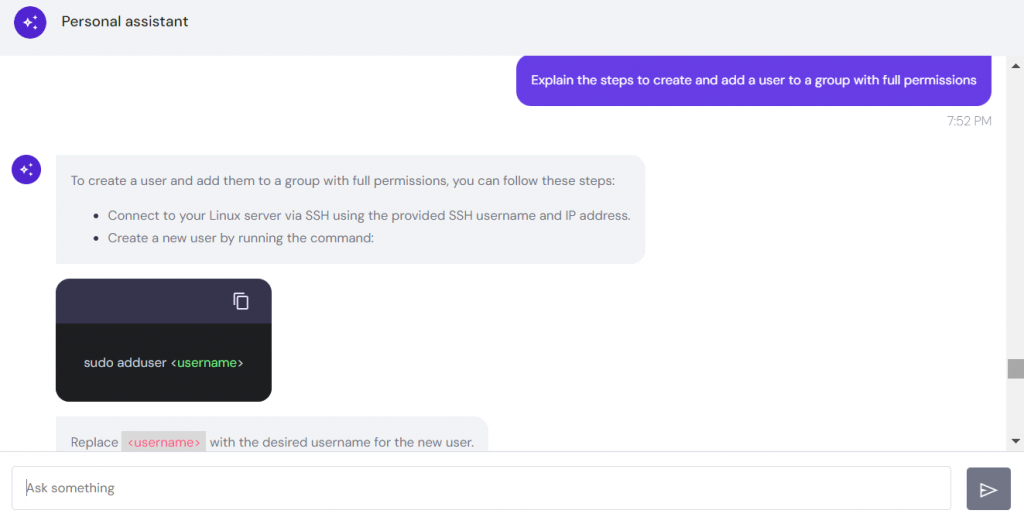 Hostinger AI Assistant explains the steps and commands to create and add a user to a group