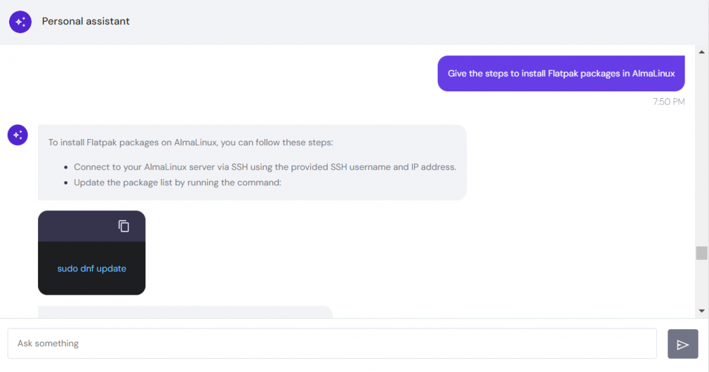 Hostinger AI Assistant gives steps and commands for installing flatpak packages in AlmaLinux