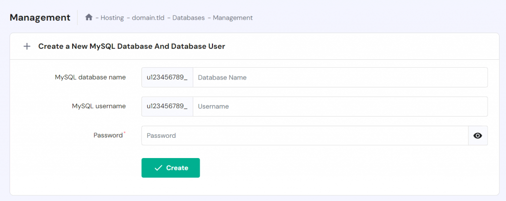 Database Management menu displaying fields to create a new MySQL database
