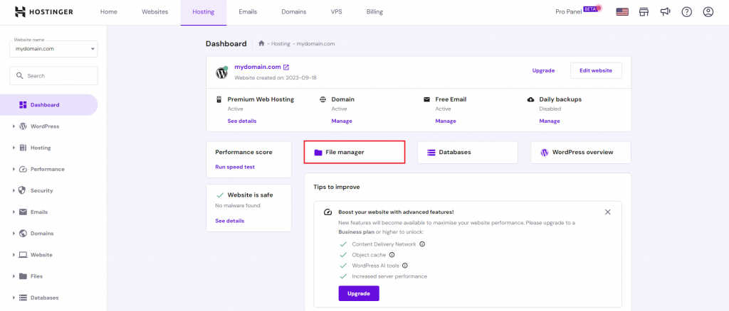 The File Manager in Hostinger hPanel is highlighted.