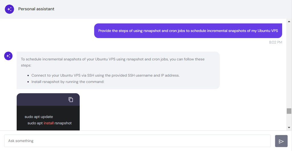 Hostinger AI Assistant provides the steps and commands for scheduling incremental snapshot using rsnapshot and cron jobs