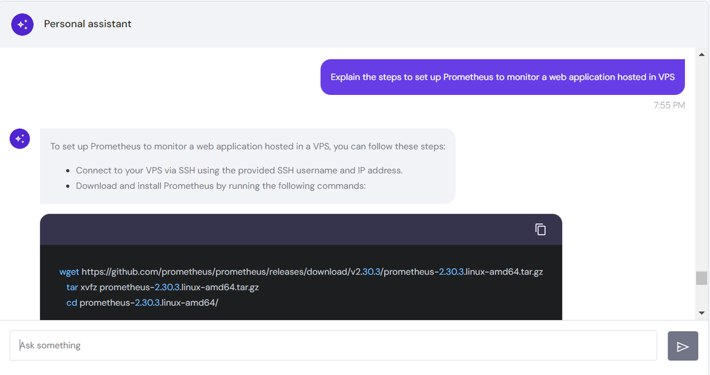 Hostinger AI Assistant explains the steps and commands to set up prometheus for VPS application monitoring