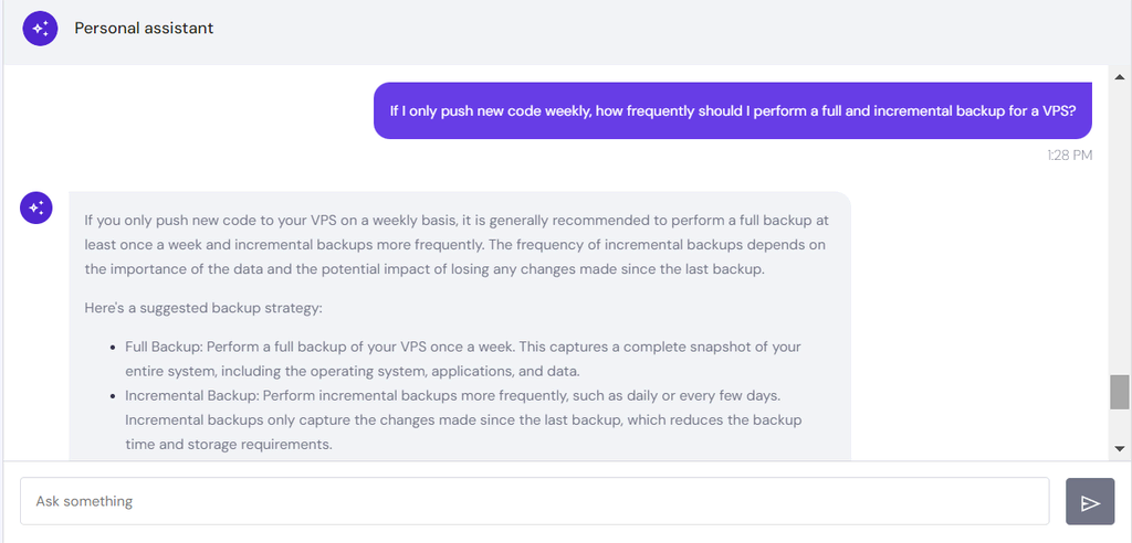 Hostinger AI Assistant explains the ideal backup strategy for user's use case