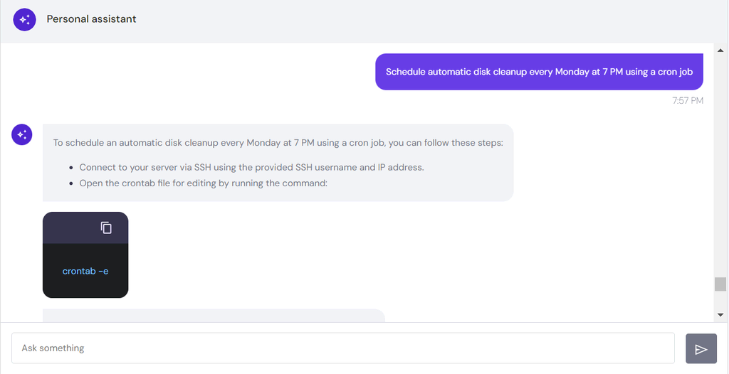 Hostinger AI Assistant generates cron job to schedule a disk clean-up on a VPS