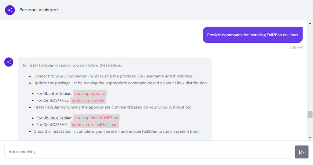 Hostinger AI Assistant generates commands and instructions to install Fail2Ban