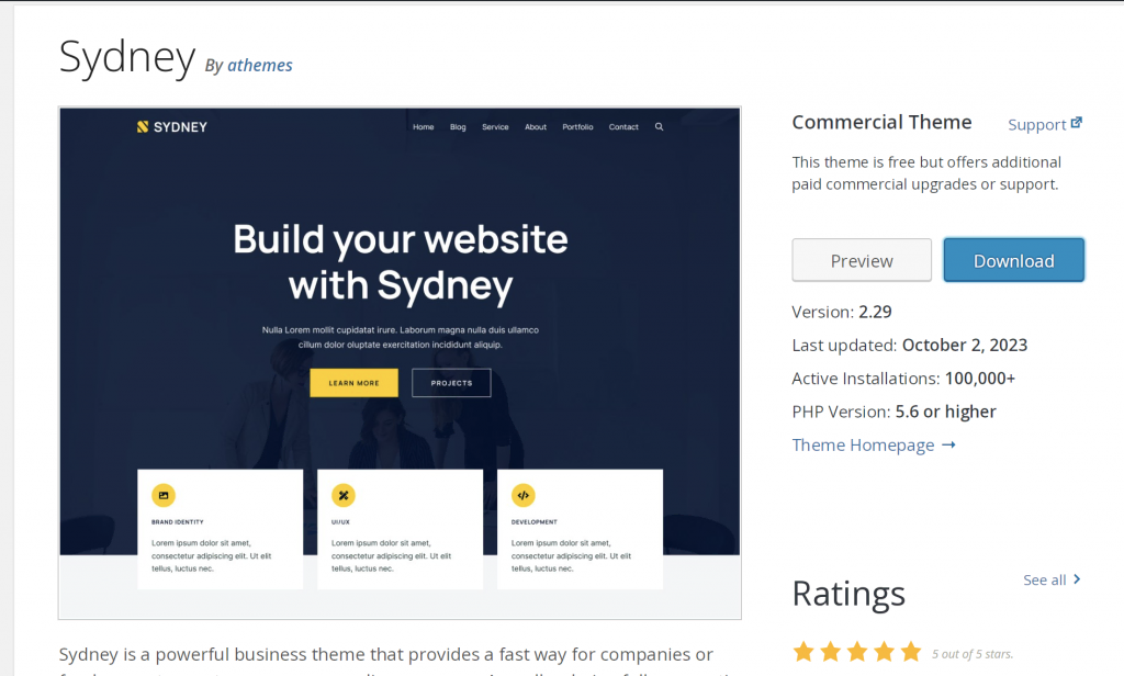  the Sydney theme in the WordPress repository, showing a preview, key information, and 5 out of 5 stars