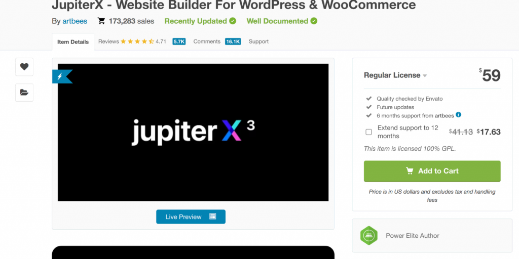 the JupiterX theme on ThemeForest, showing number of sales, reviews, and purchase information