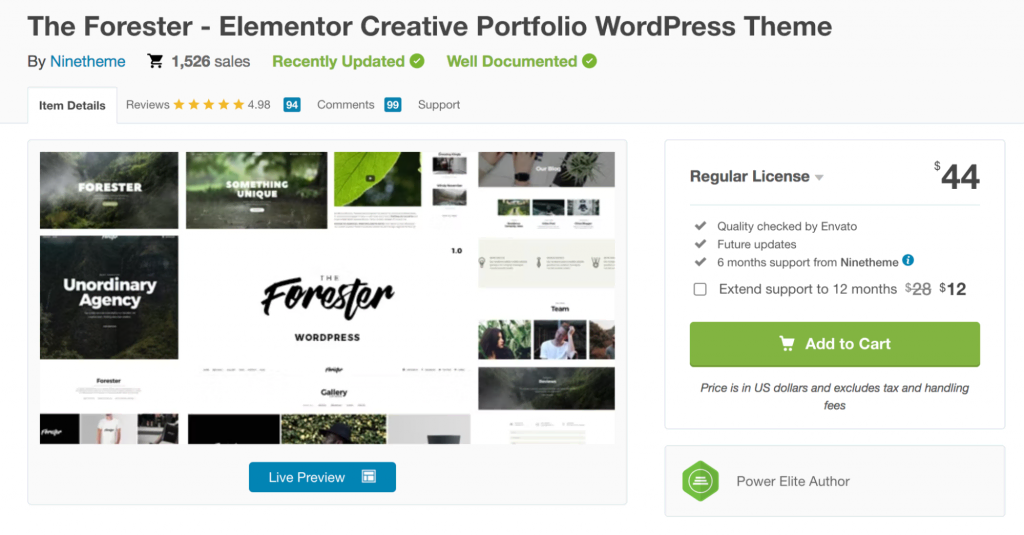 The Forester theme on ThemeForest, showing 4.98/5 stars, license information, and pricing