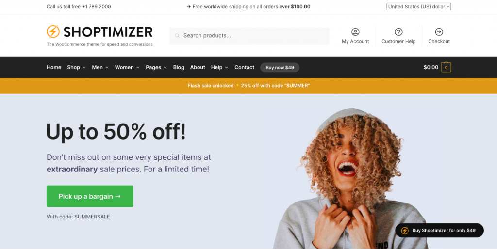 Shoptimizer theme demo homepage with a hero image and custom header