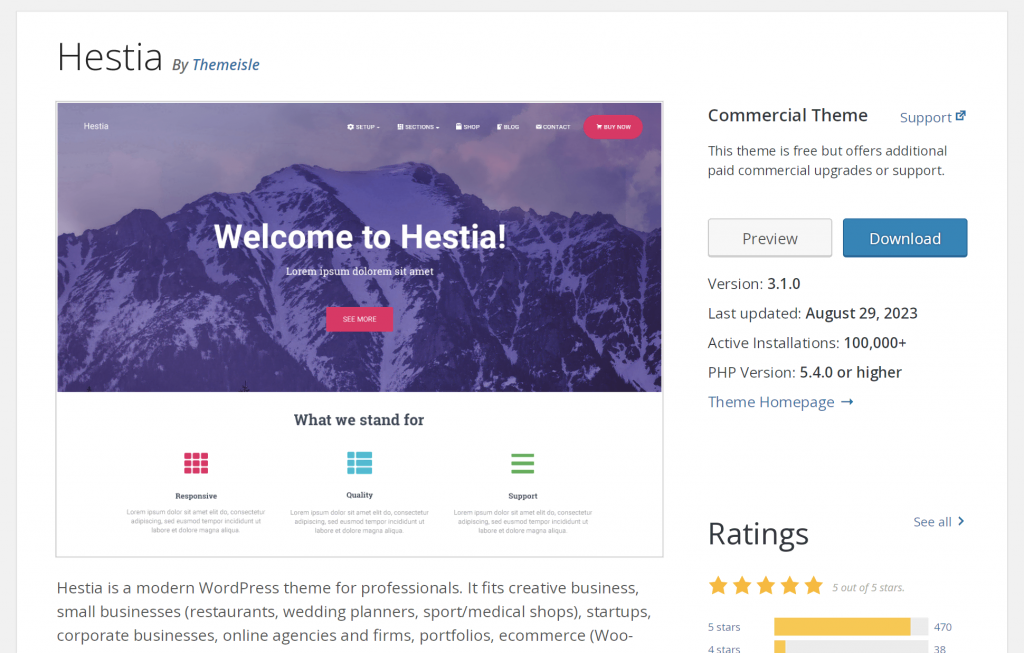  the Hestia theme in the WordPress repository, showing a preview, key information, and 5 out of 5 stars