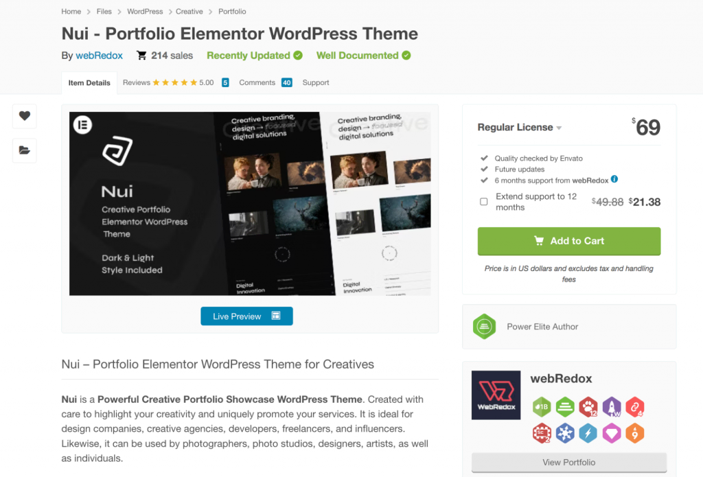 Nui theme on ThemeForest showing the price, reviews, and basic information