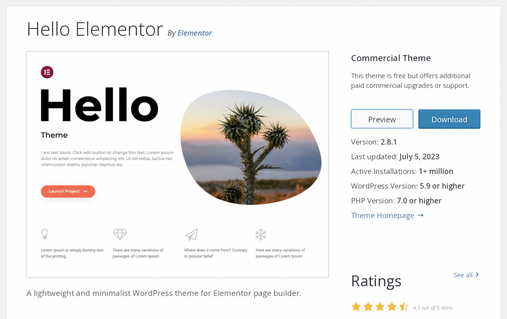 the Hello Elementor theme in the WordPress repository, showing a preview, key information, and 4.5 out of 5 stars