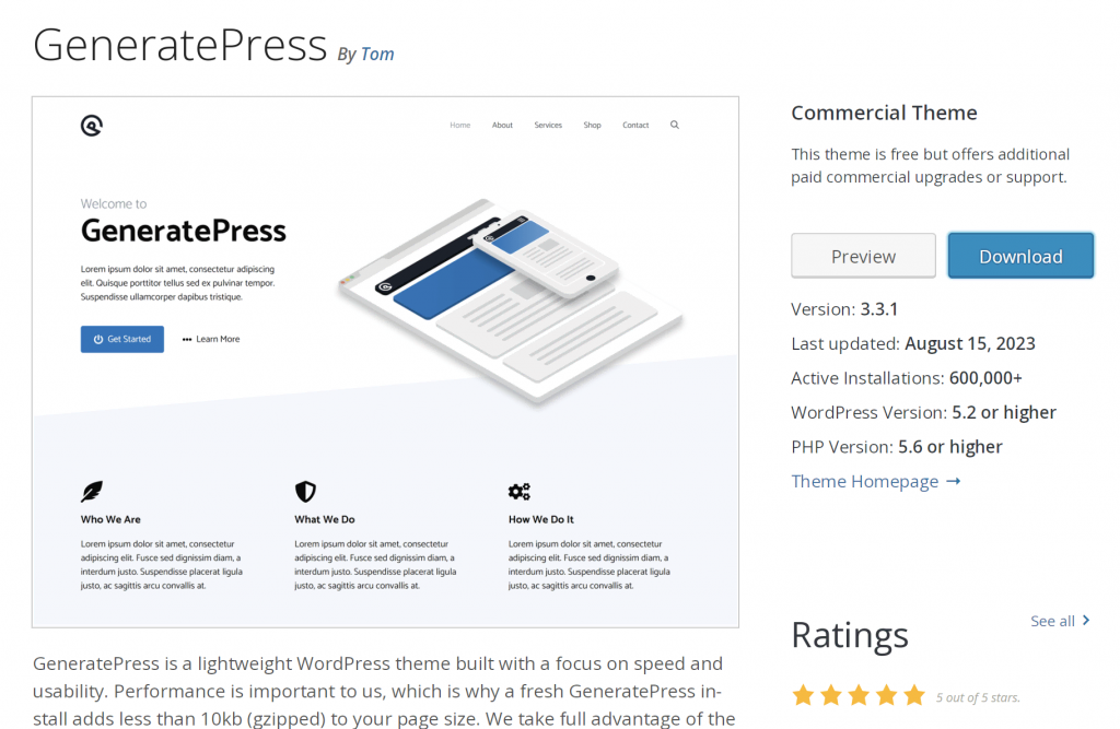 the GeneratePress theme in the WordPress repository, showing a preview, key information, and 5 out of 5 stars