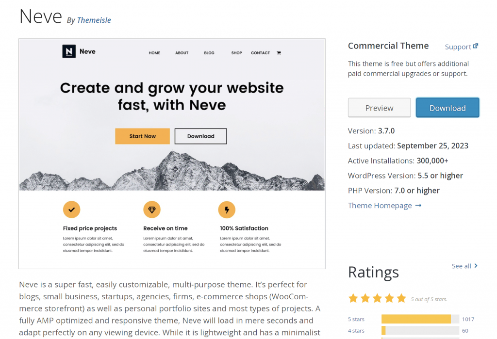 the Neve theme in the WordPress repository, showing a preview, key information, and 5 out of 5 stars