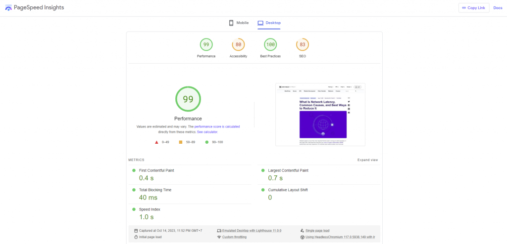 An example of a website performance test done with Google PageSpeed Insights.