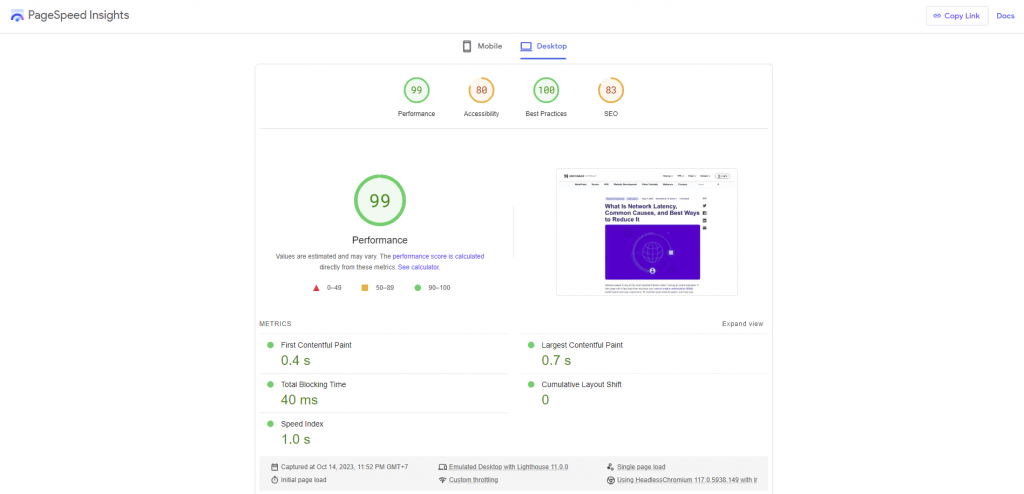 使用 Google PageSpeed Insights 完成的网站性能测试示例。