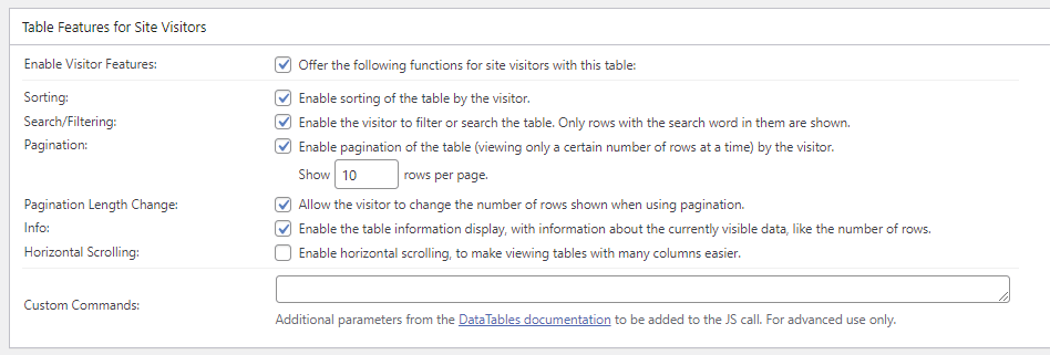 The Table Features for Site Visitors section in the TablePress plugin.