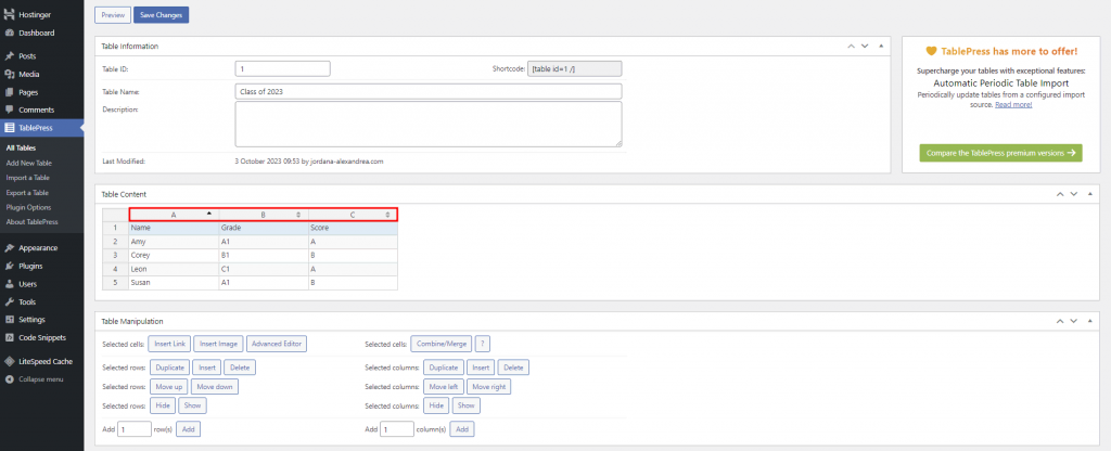 TablePress' sorting function highlighted.