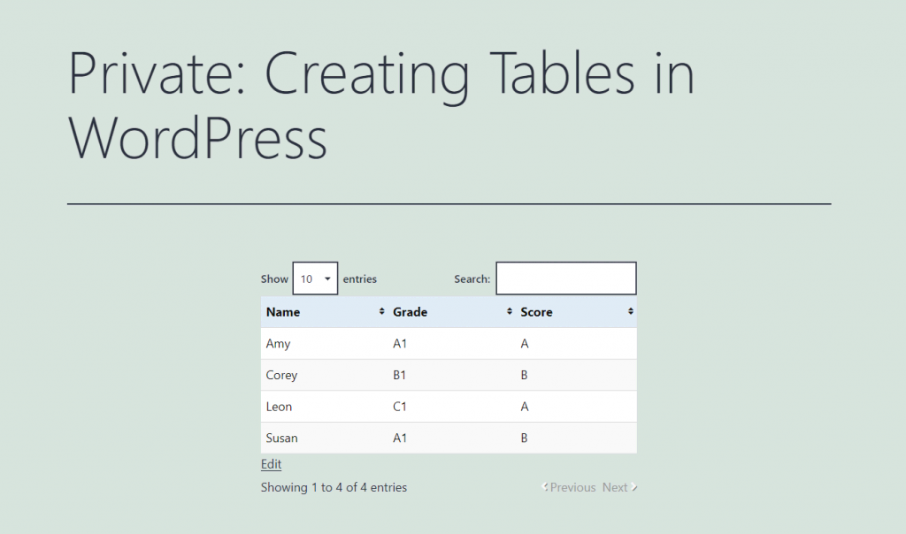 The preview of a table made with the TablePress WordPress table plugin.