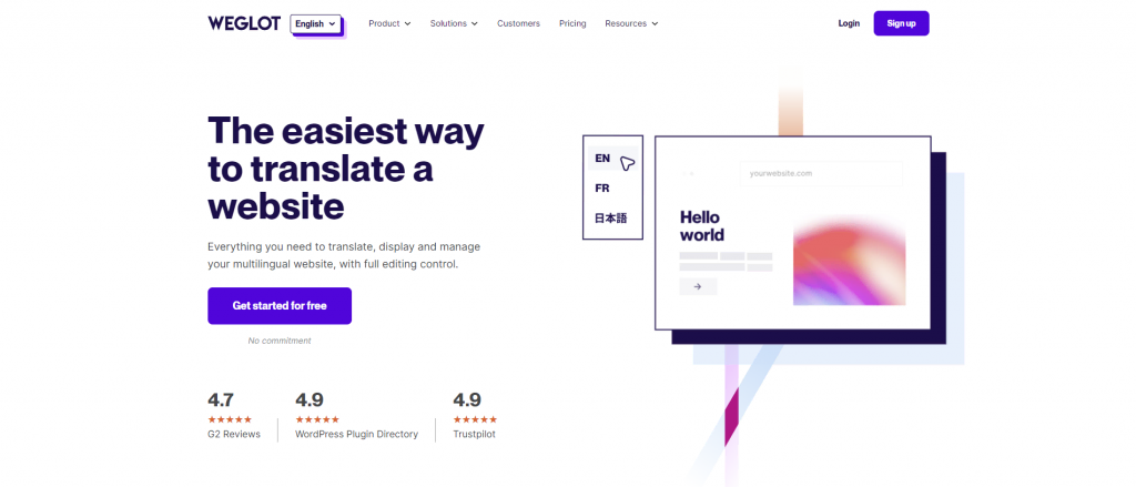 Weglot homepage with a button to get started for free.