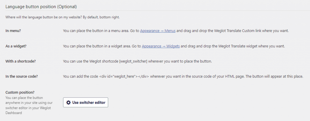Several ways user can change the position of Weglot's language button.