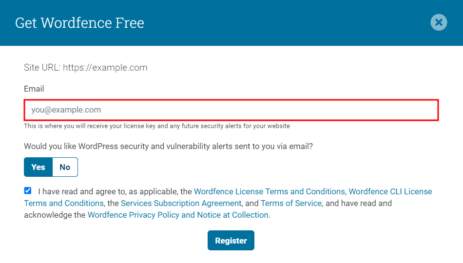 Wordfence Free's form with the Email field highlighted