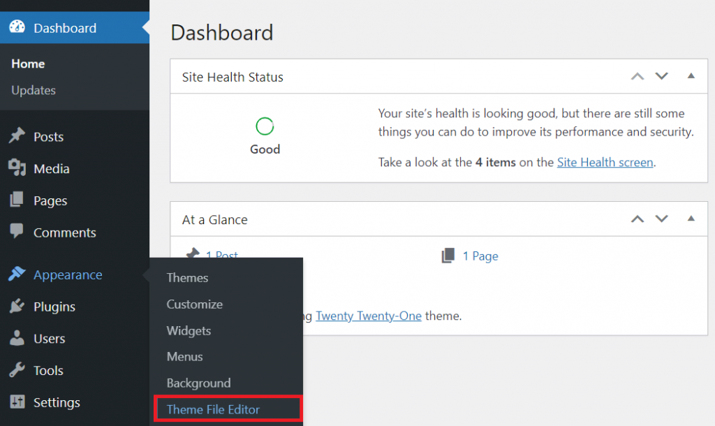 Opening the Theme File Editor option under Appearance menu in the WordPress dashboard