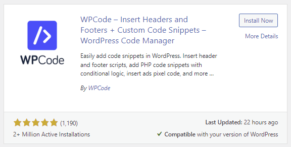 WPCode plugin listing in the WordPress directory.