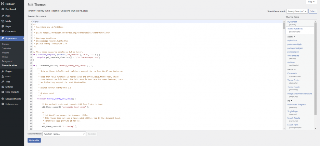Functions.php file as seen in the WordPress theme file editor.