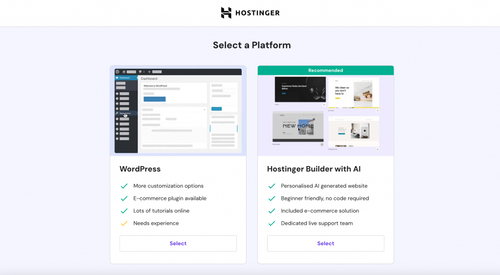 select a platform step of Hostinger website creation wizard