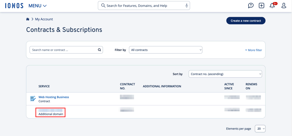 Additional active domains in the Contracts & Subscriptions tab
