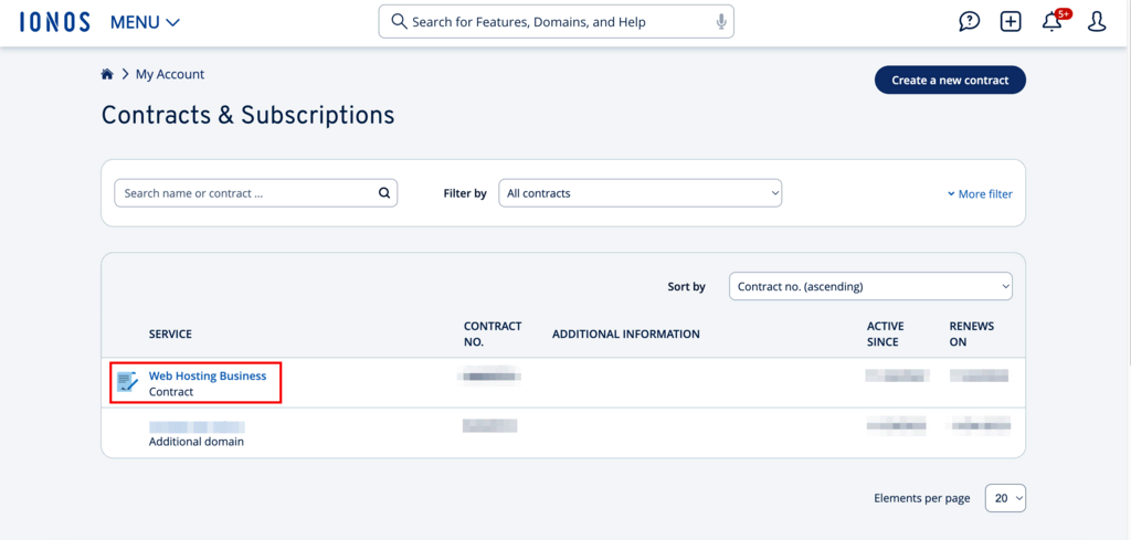 Contracts & Subscriptions grid displaying active services