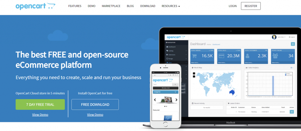 The homepage of OpenCart