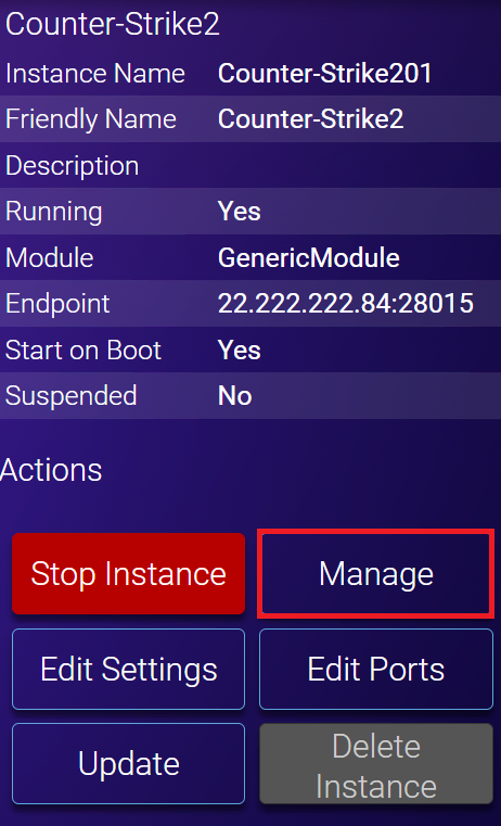The Manage button to access the Counter-Strike 2 instance