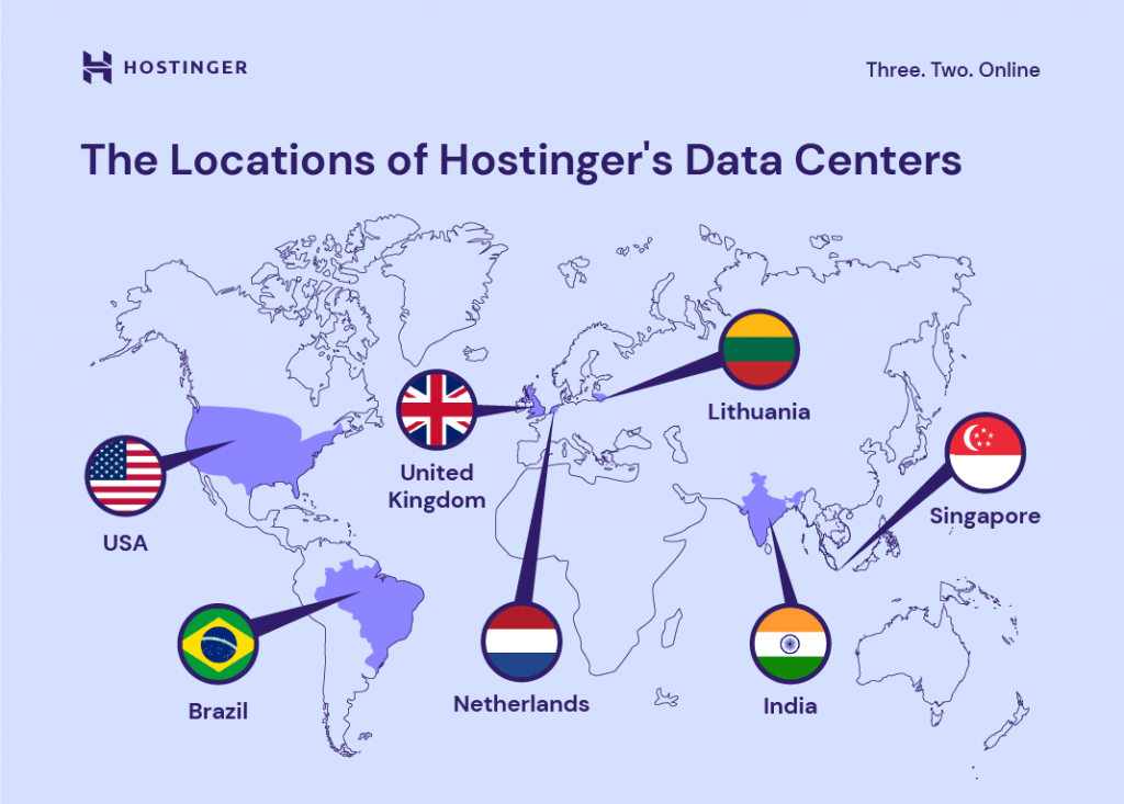The infographic showing the locations of Hostinger's Data Center worldwide