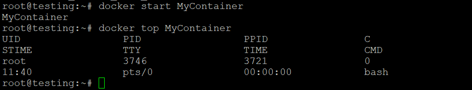 Docker top command displays the top process of a running container.