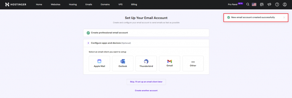 Hostinger email setup page with the verification notification popup highlighted.