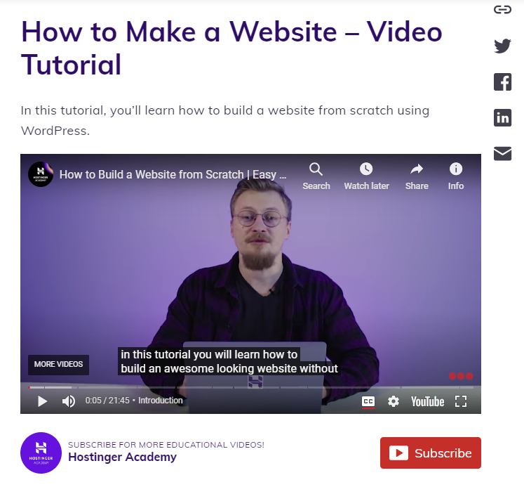 Hostinger Academy's video tutorial with YouTube's auto-generated closed caption.
