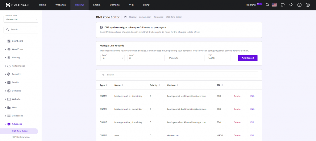 Hostinger's DNS Zone Editor section in hPanel.