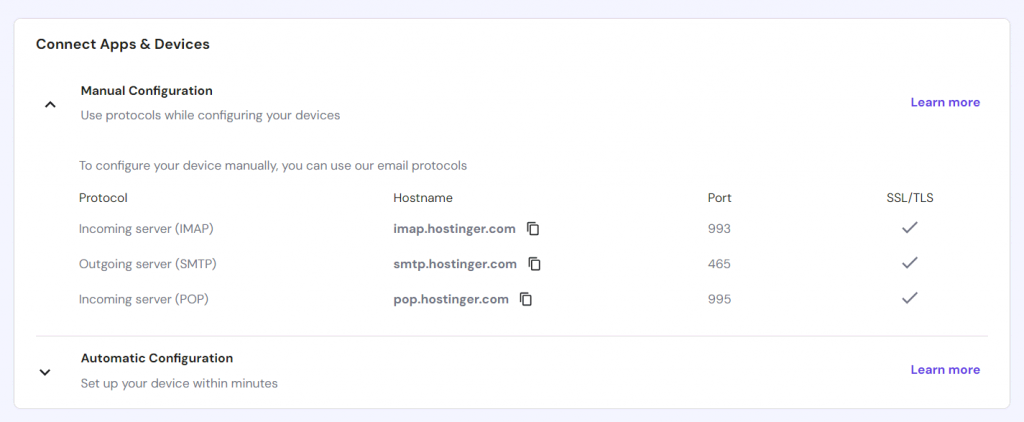 The manual configuration settings using email protocols in hPanel