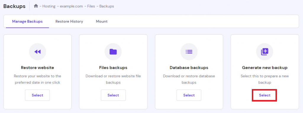 The Select button in the Generate new backup section of hPanel