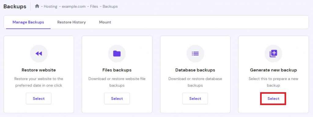 The Select button in the Generate new backup section of hPanel