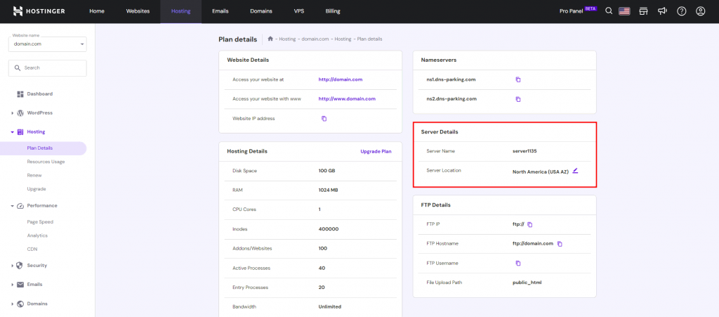 Hostinger's Plan Details page with the Server Details section highlighted.