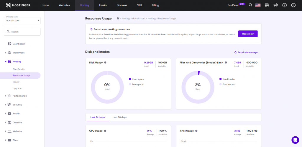 Hostinger's Resources Usage section in hPanel.