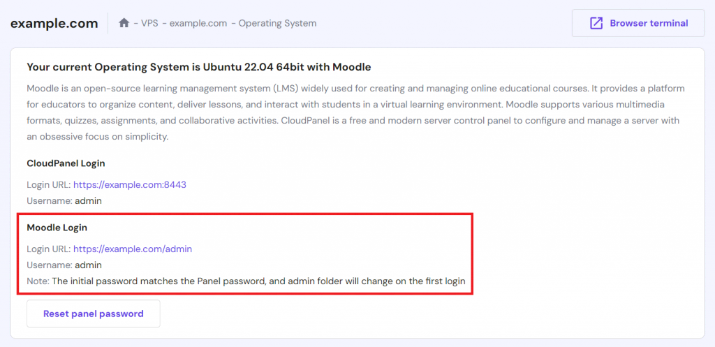 Moodle login details provided on hPanel