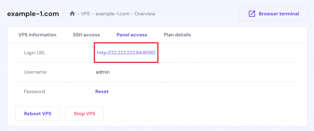 The login URL information on VPS' Panel access tab to access the Game Panel